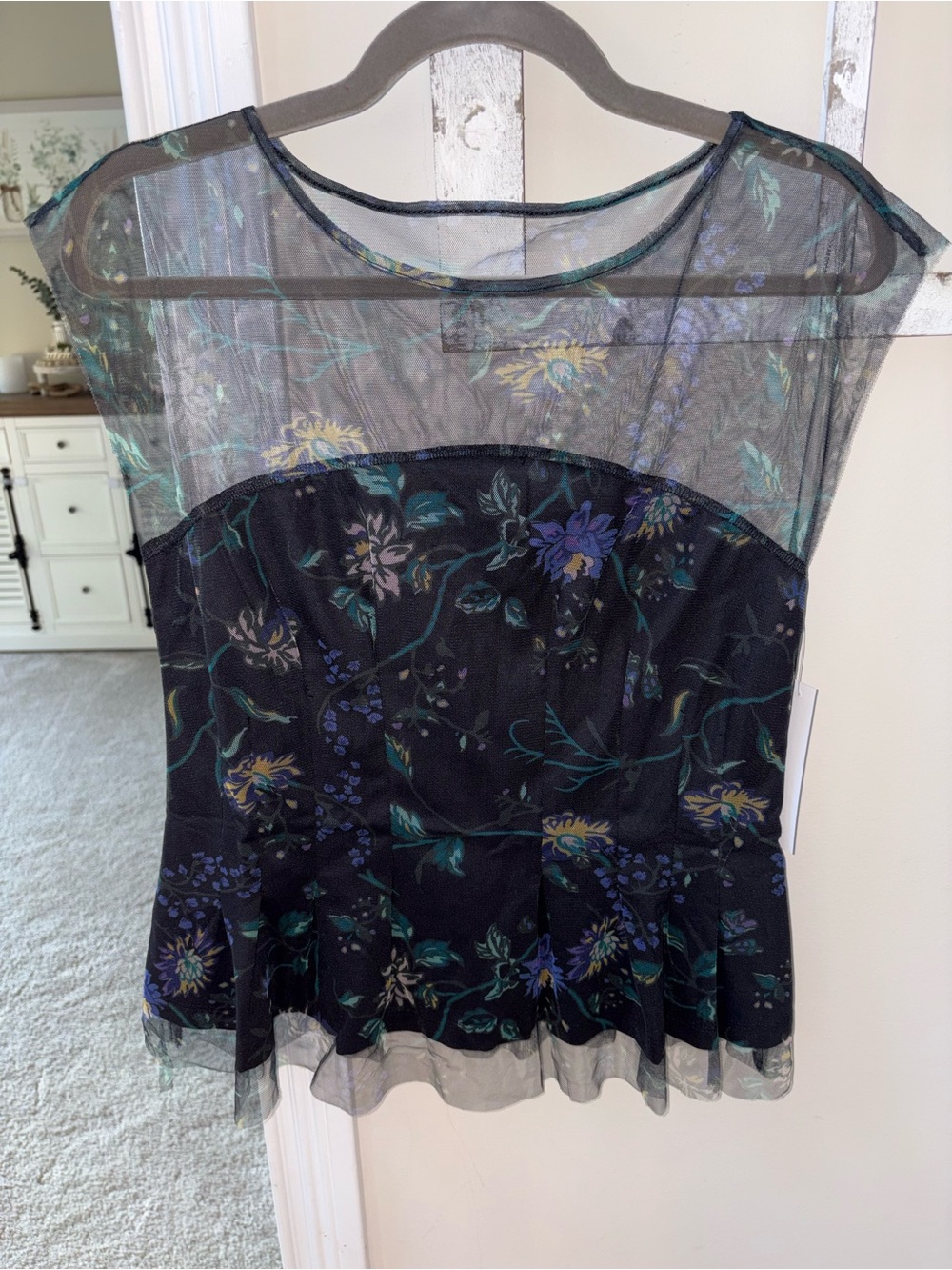 Sheer Floral Peplum Blouse - Black with Blue & Green Floral